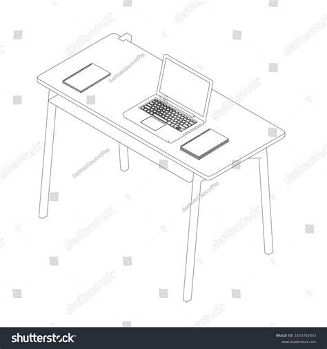 Desk Outline Laptop Notepads Black Lines Stock Vector Royalty Free