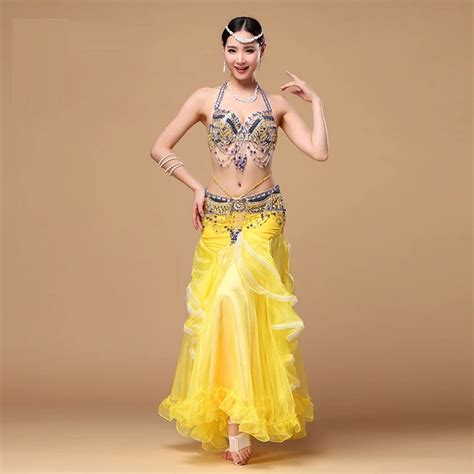 Belly Dance Costumes Beaded Bra Top Hip Belt Chain Mesh Long Skirt 3pcs