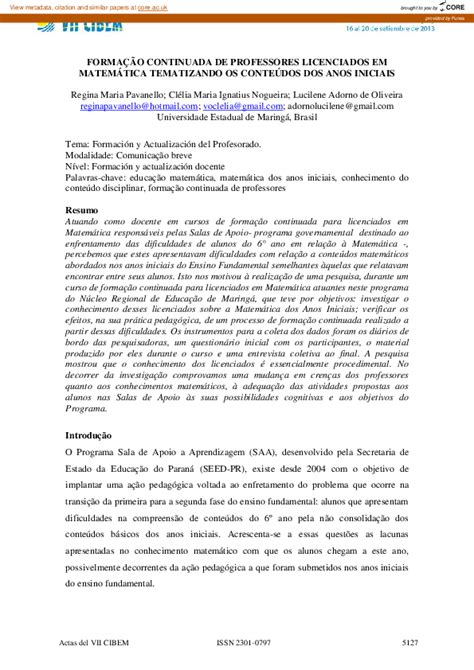 Pdf Formação Continuada De Professores Licenciados Em Matemática Tematizando Os Conteúdos Dos