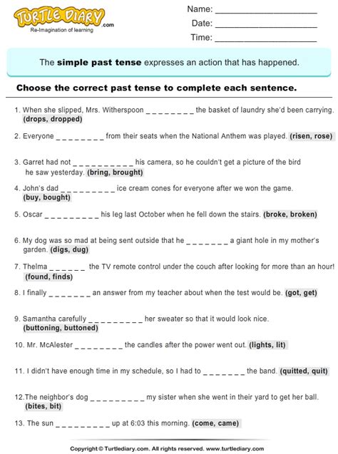 Write The Past Tense Of Verb Worksheet Turtle Diary