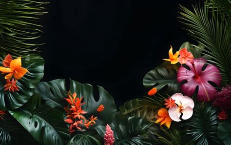 Un Marco Con Flores Tropicales Sobre Un Fondo Negro Foto Premium