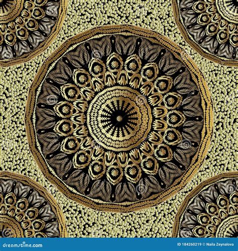 Floral Textured Gold Mandalas Vector Seamless Pattern Tapestry