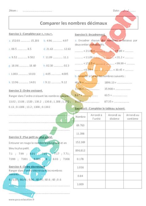 Comparer Les Nombres Décimaux 6ème Exercices Avec Correction Pass Education