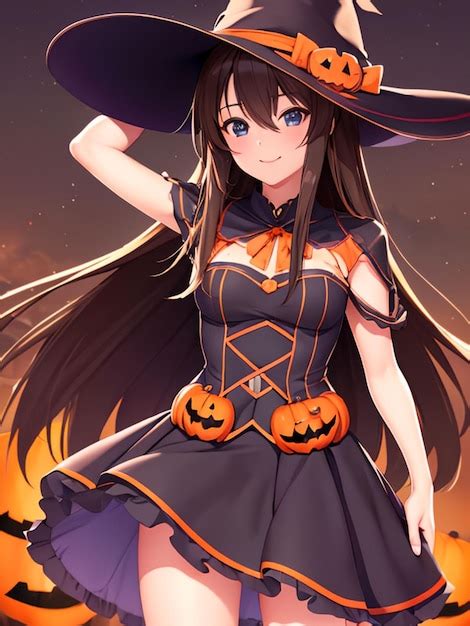 Premium Photo | Cute witch girl on halloween night anime art for mobile wallpaper