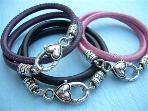 Womens Leather Bracelet Double Wrap Stitched Nappa Leather Heart