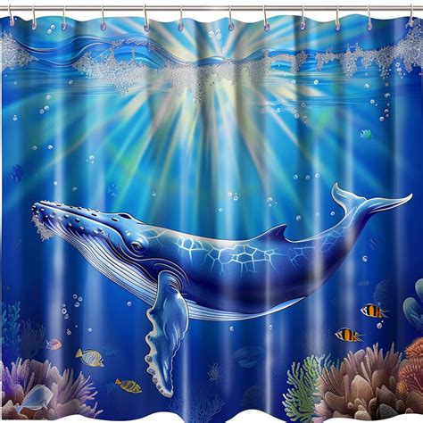 Exquisite Humpback Whale Shower Curtain Vibrant Blue Ocean Scene With