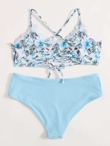 Scalloped Trim Floral Bikini Swimsuit