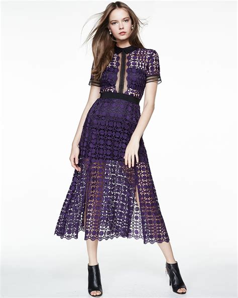 Self Portrait Short Sleeve Guipure Lace Midi Dress Purple Robe De