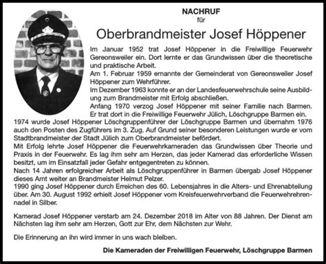 Traueranzeigen von Oberbrandmeister Josef Höppener Aachen gedenkt