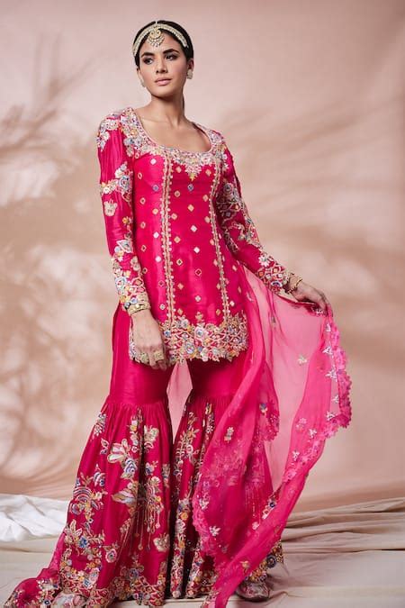 Buy Pink Silk Embroidery Foil Square Neck Kurta Gharara Set For Women