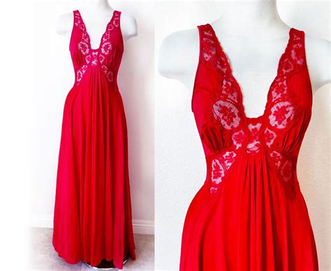 Red OLGA Style 9297 BODYSILK Nightgown Long Dress Gown Lingerie 1970s 1980 S Vintage Nighty