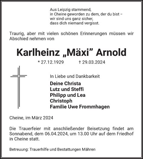 Traueranzeigen Von Karlheinz Arnold Abschied Nehmen De