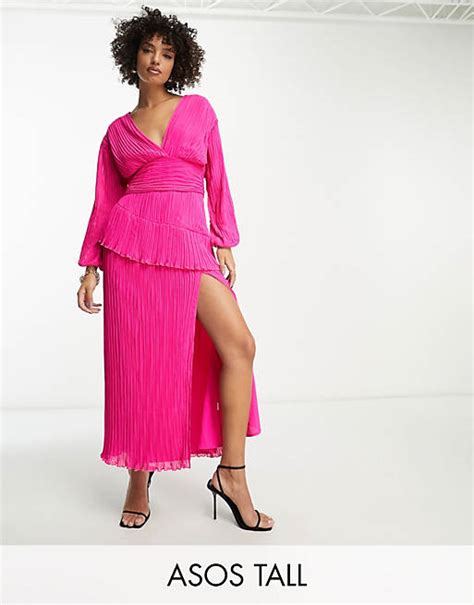 Asos Design Tall Pleated Midi Dress With A Belt In Bright Pink Asos