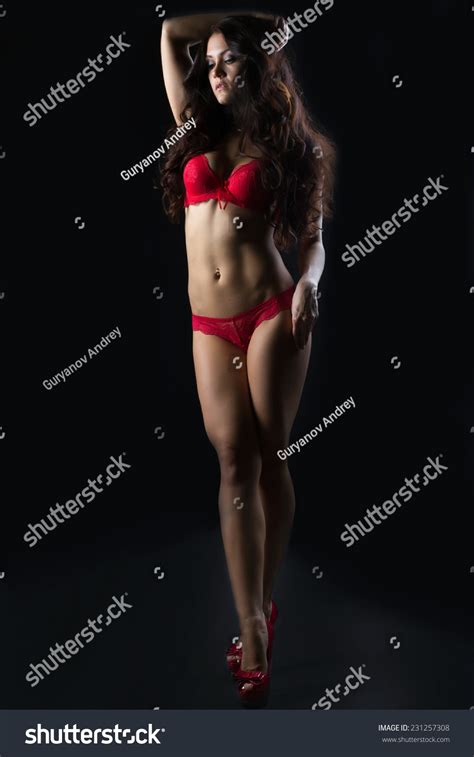 Sensual Brunette Posing Erotic Red Lingerie Stock Photo Shutterstock