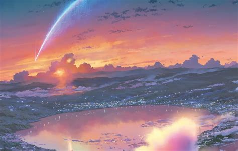 Wallpaper The Sky Clouds Lake Lights Disaster Crater Town Meteorite Kimi No Va On Your