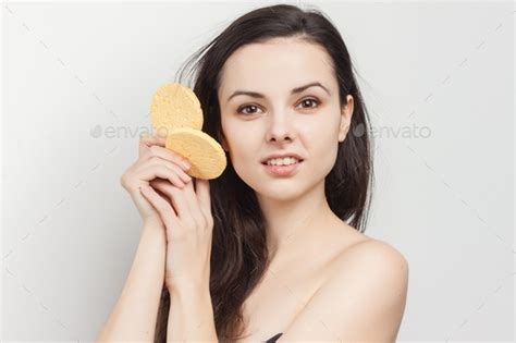 Brunette With Flowing Hair Naked Shoulders Facial Skin Care Close Up Stock Photo By Shotprime