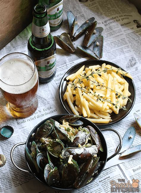 San Miguel Premium All Malt Beer Paired With Mussels And Fries The Peach Kitchen