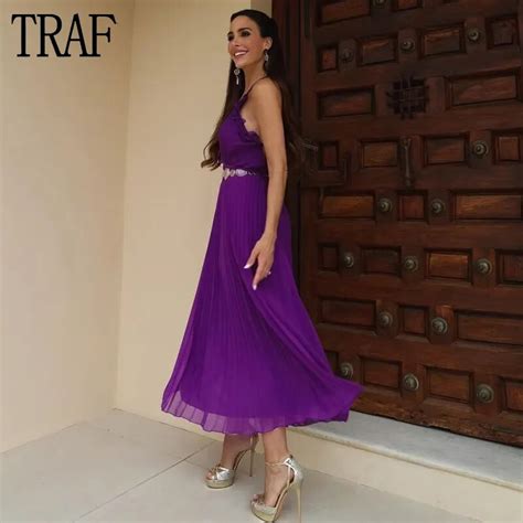 TRAF Robe Mi Longue Plissée pour Femme Tenue de Soirée Sexy Violet à