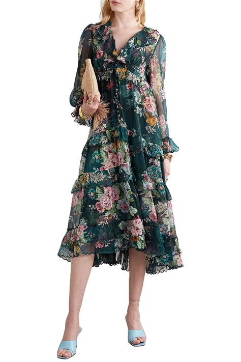 Zimmermann Wavelength Scallop Tiered Floral Print Silk Chiffon Midi