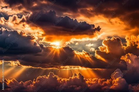 Sunset sky with sun rays and sunset clouds, Generative AI Stock Photo ...