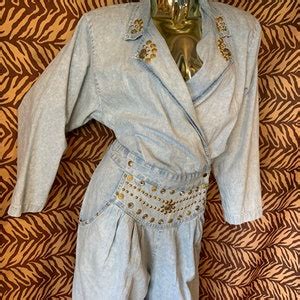 Vintage 80s Denim Jumpsuit Embellished Rhinestones Gold Studded Etsy