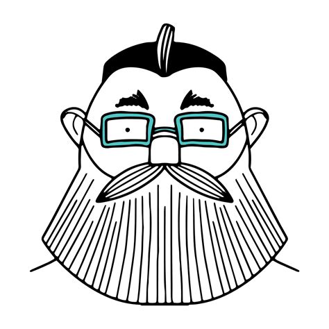 Hand-drawn funny characte, the face of a man with a beard and glasses ...