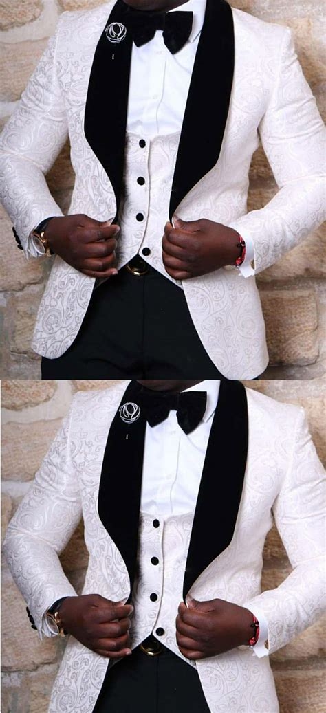 White Black Wedding Suit Jacquard Men Groom Suits 3 Pieces Jacket Ve