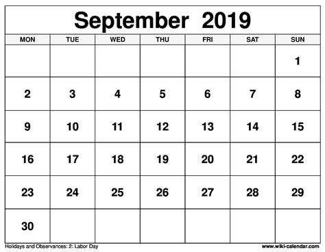 Free Printable September 2019 Calendar