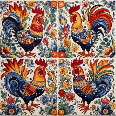 Premium Photo There Are Four Roosters Painted On A Tile With Flowers