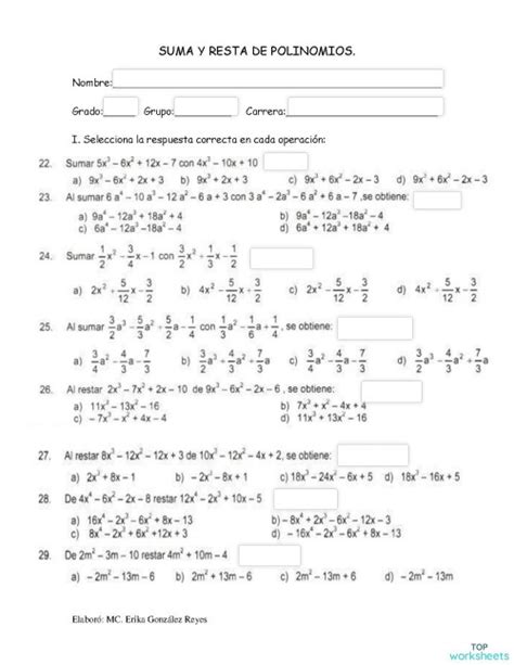 Suma Y Resta De Polinomios Ficha Interactiva Topworksheets