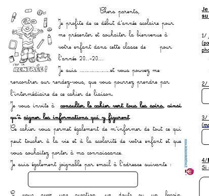 Mot de rentrée aux parents La classe de Define Mots de bienvenue