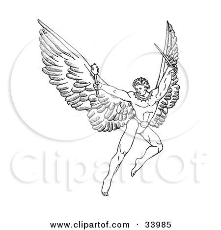 Pen And Ink Drawing Of A Male Warrior Angel With Large Wings, Flying ...