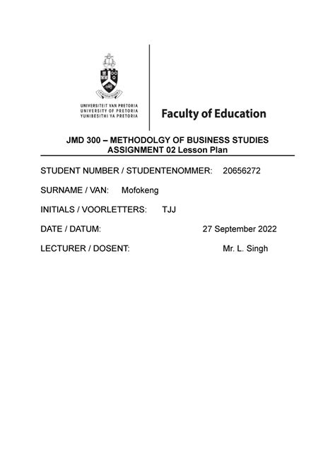 2022 Tuks Long Lesson Planning Form Bed And Pgce Jmd 300 Methodolgy