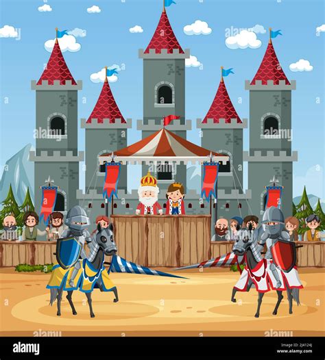 Medieval castle scene with armour warriors fighting illustration Stock ...