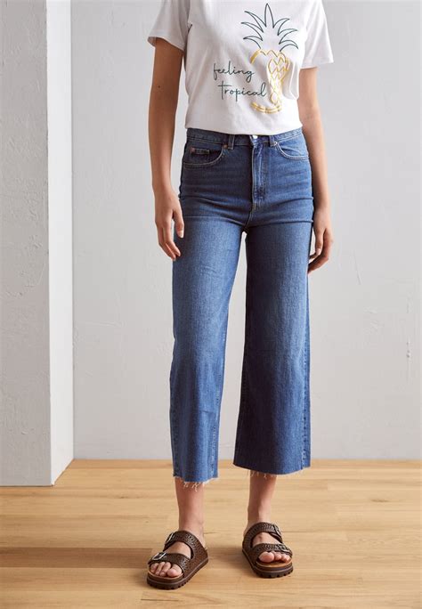 Marks And Spencer Cropped Wide Leg Vaqueros Rectos Medium Indigo Blue Denim Zalando Es