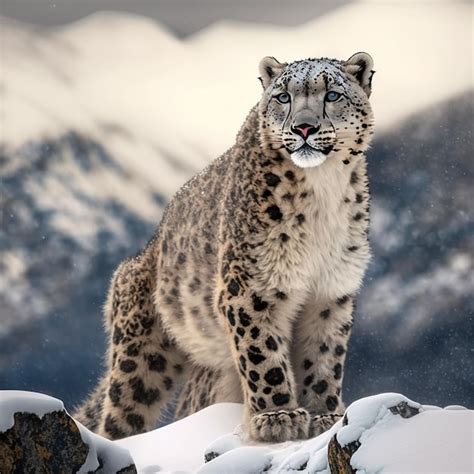 Leopardo de las nieves en la cima de la montaña contra el fondo de un