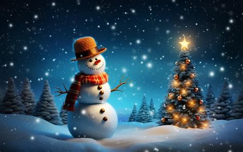 Premium AI Image | Snowman Christmas Tree Winter Scene