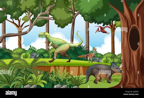 Prehistoric forest with dinosaur cartoon illustration Stock Vector Image & Art - Alamy