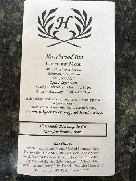 Menu at Hazelwood Inn restaurant, Baltimore