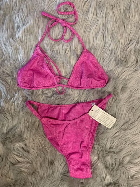 Pink Glittery Triangle Bikini Two Piece Swimsuit Women S Fashion Swimwear Bikinis Swimsuits