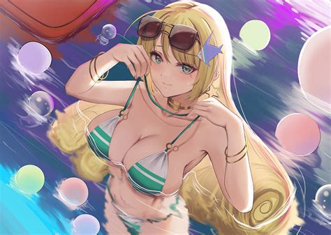 Rule 34 Ahoge Bikini Bikini Pull Blonde Hair Blush Breasts Cleavage Closed Mouth Clothes Pull