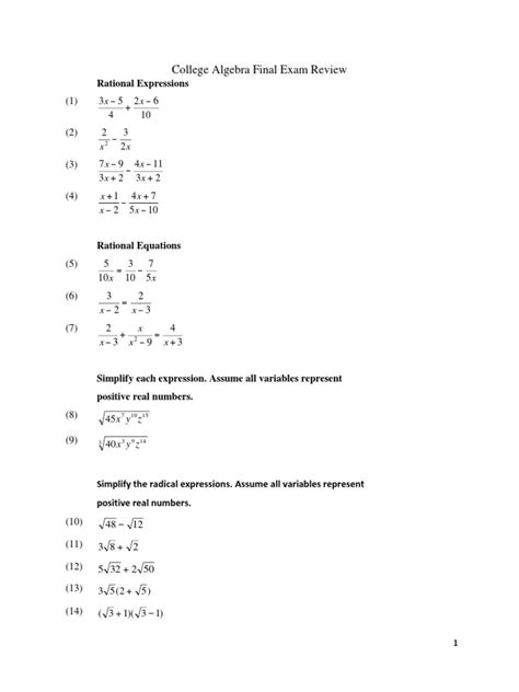 College Algebra Final Exam Review Rational Expressions Logarithm