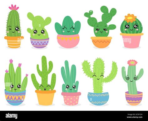 Cartoon Cactus Cute Succulent Or Cacti Plant With Happy Funny Face