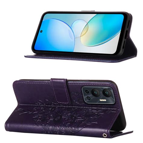 For Infinix Hot X Embossed Butterfly Flip Leather Phone Case Dark Purple Alexnld