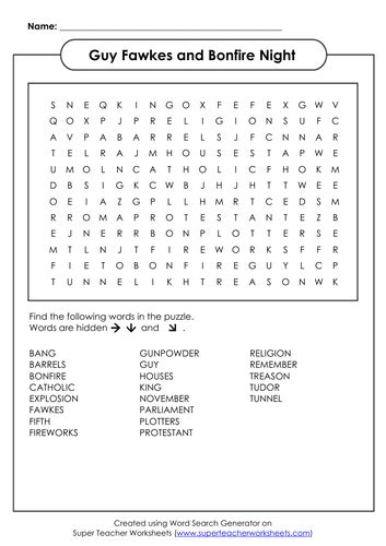 Guy Fawkes And Bonfire Night Word Search Teaching Resources