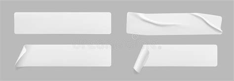 Crumpled White Rectangle Sticker Label Set Isolated Blank Glued