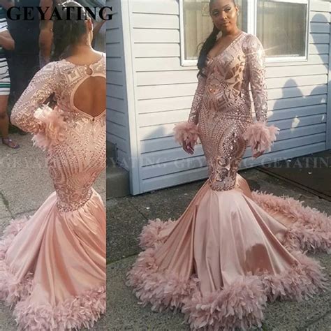 Sparkly Sequin Rose Gold Plus Size Mermaid African Prom Dresses