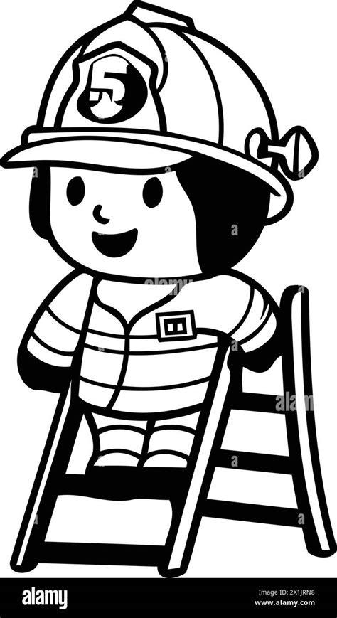 Fireman with ladder. Cute cartoon character. Vector illustration Stock ...