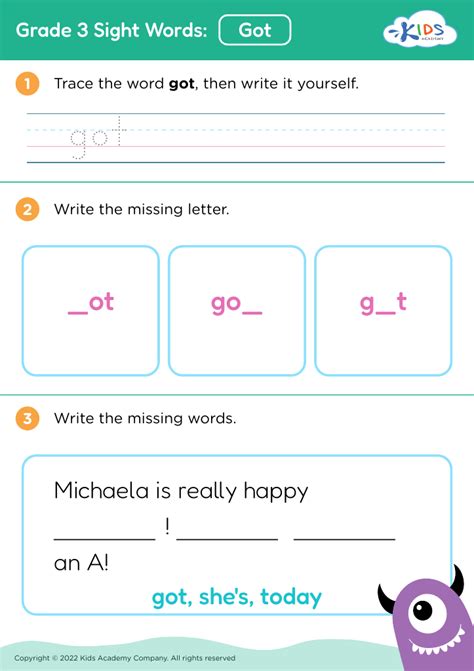 Free Grade 3 Sight Words: Got worksheet for Kids