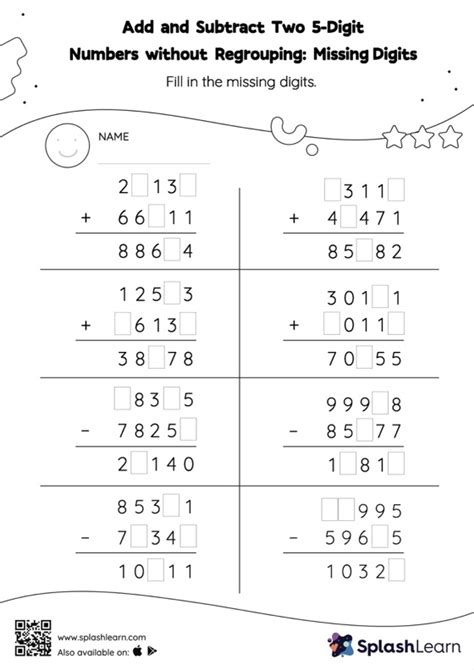 Add And Subtract Two 5 Digit Numbers Without Regrouping Missing Digits